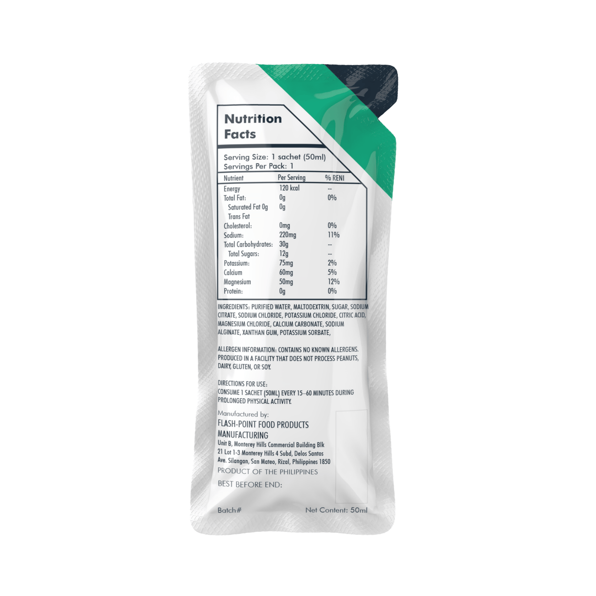 Raw 30 Energy Gel Unflavored, Back Label