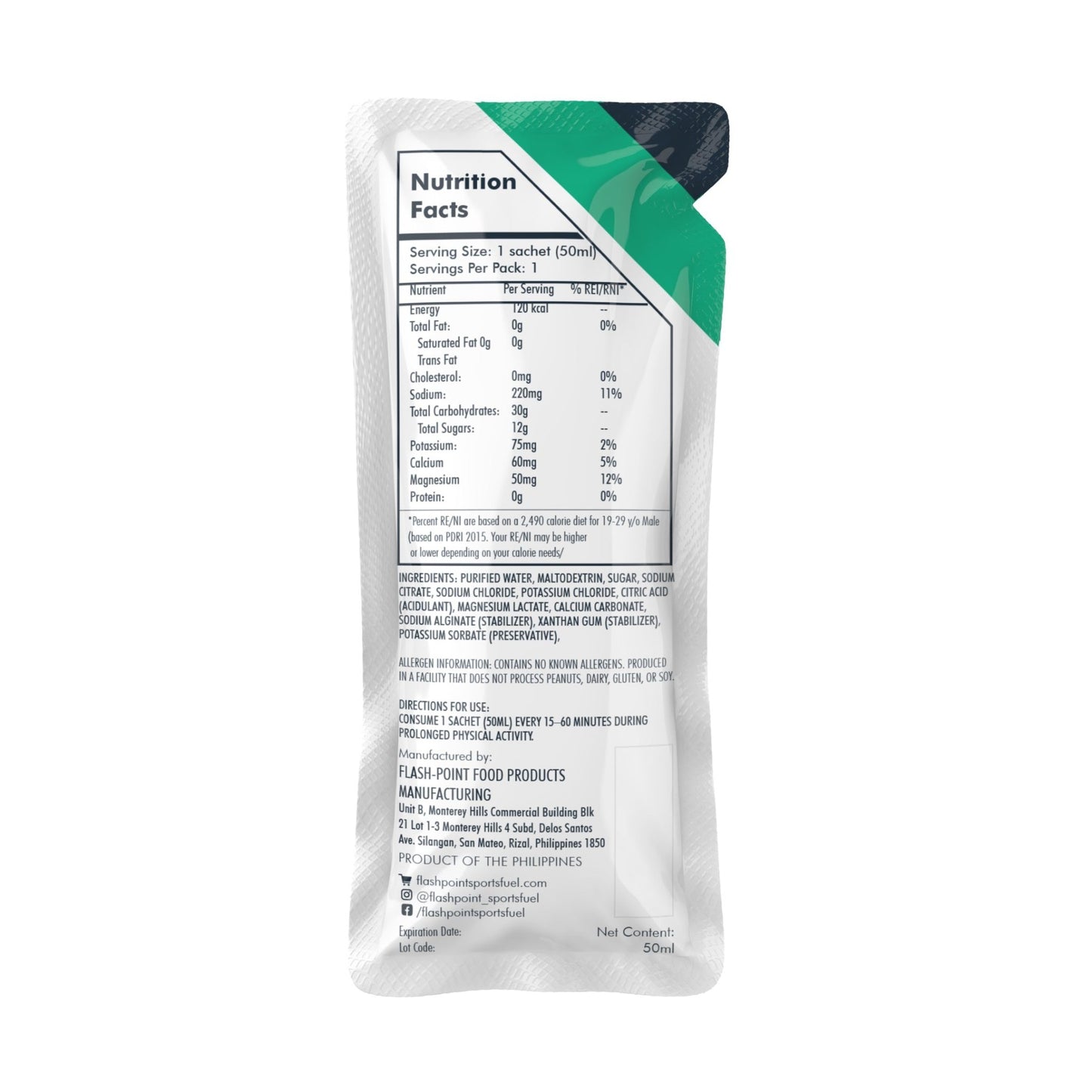 Raw 30 Energy Gel Unflavored, Back Label